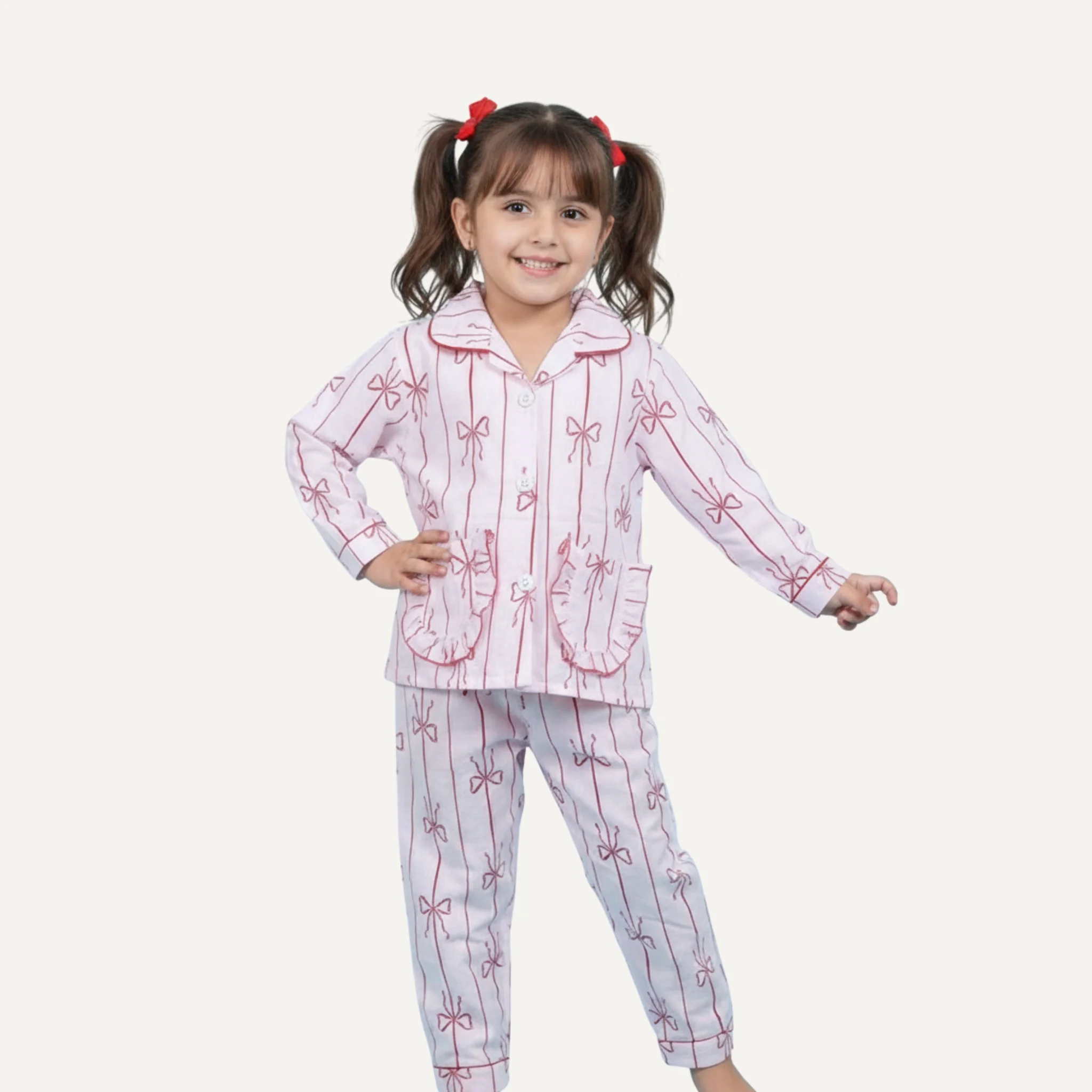 Girls pink bow print night suit | Zyluna Girls pink bow print night suit